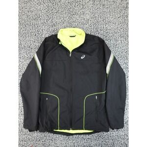 Asics Running Jacket Mens Large Black Neon Yellow Full Zip Reflective Fleece Lnd